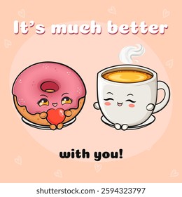 Pink Donut Holding a Heart with Coffee Mug. Cute Breakfast Love