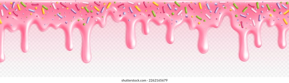 Pink donut icing glaze. Realistic isolated candy melt drip border in vector on transparent background. 3d cake liquid syrup melt down. Sweet sttrawberry confectionery pouring down with drop.