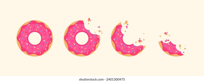 Pink Donut illustration vector, Sweet soft Donuts with colorful sprinkles. Break time with donuts. Top view in isolated background. Bite off food in cafe.