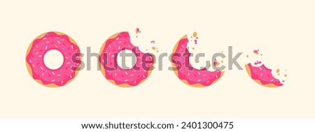 Pink Donut illustration vector, Sweet soft Donuts with colorful sprinkles. Break time with donuts. Top view in isolated background. Bite off food in cafe.