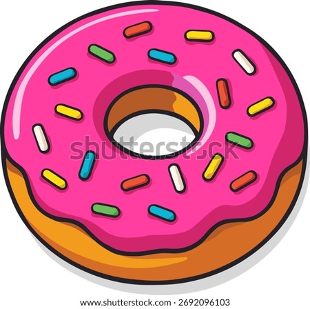 Pink donut illustration vector, sweet dessert with colorful sprinkles, cartoon doughnut icon for bakery logo, cafe menu, food branding, cute snack design, flat clip art glazed donut artwork.