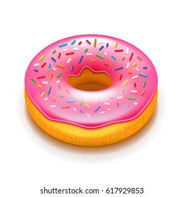Pink donut isolated on white photo-realistic vector illustration