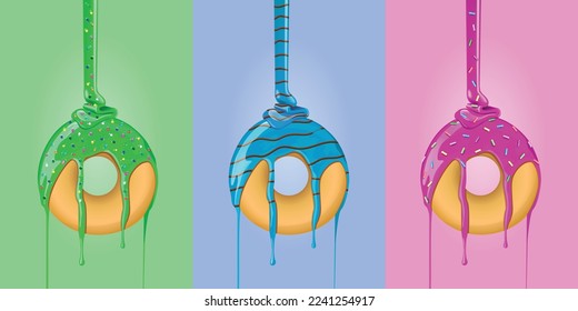 Pink donut, lemon and blue donut. Splashes of glaze and colored sprinkles. Vector background.