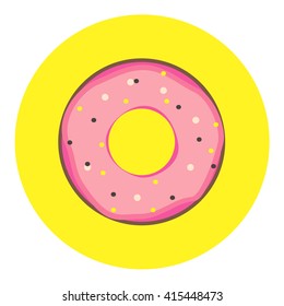 Pink donut on a yellow background. Flat design