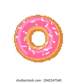 Pink donut pixel art. pixelated Sweetness. 8 bit vector illustration