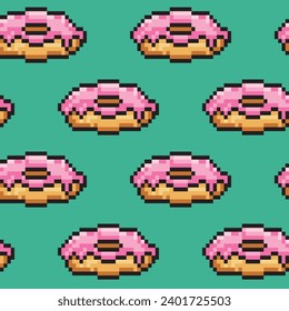 Pink donut pixel seamless pattern food isolated on green background