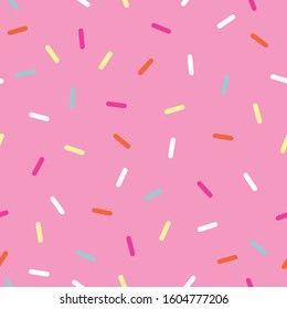 Pink donut seamless pattern glaze with colorful sprinkles. Vector illustration