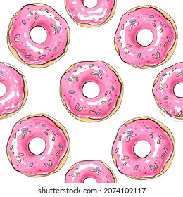 Pink Donut seamless pattern on white , hand drawn vector tasty sweet dessert