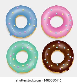 Pink Donut set. Hand drawn bakery collection design.  Sweet dessert, pastry, donuts for menu design. Advertising, poster, banner of cafe, bakery vector Illustration. Glazed doughnut. 