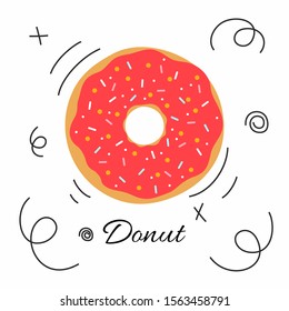 Pink donut with sprinkles in the style of flat. Vector illustration