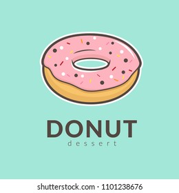 pink donut strawberry flavor with colorful sprinkles on top isolated on blue background. hand drawn cartoon vector illustration.