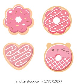 rosafarbene Donut, Vektorset einzeln auf weißem Hintergrund. Top View Donuts Kollektion in Glasur mit Erdbeere.flache Design-Illustration. süße Cartoon-Süßigkeiten und Desserts. andere Form der Donut.