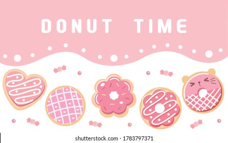 Pink Donut vector set isolated on white and pink background. Top View Donuts collection into glaze with strawberry.flat design illustration. cute cartoon sweets and desserts. different shape of donut.