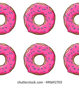 pink donuts. cartoon donuts. seamless pattern. fast food. Vector illustration of pink donut.