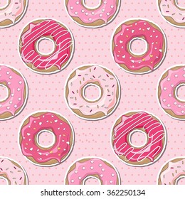 Pink donuts, decorated for Valentine's Day, over a pink polka dot seamless background. EPS10 vector format