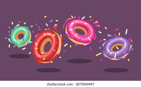 Pink donuts, green mint donut, purple and red donut on chocolate background. Splashes of glaze and colored sprinkles. Vector background, horizontal banner.