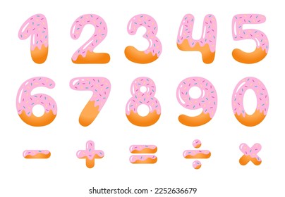Pink donuts numbers and symbols set. School, education or dessert  theme. Kids vector illustration on white background. 