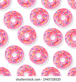 Pink donuts on white background. Children's drawing with colored watercolor pencils. Seamless pattern. Texture for fabric, wrapping, wallpaper. Decorative print.Vector illustration