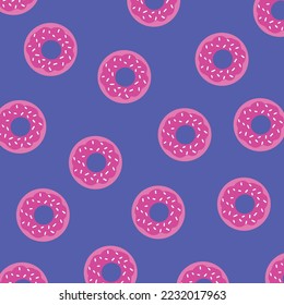 Vector de patrón de donuts rosados aislado en fondo azul. Dibujo plano de dibujos animados para papel o fondo con plantilla cuadrada.