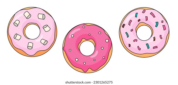 Rosa Donuts Set. Karikaturenkraut mit bunten Sprinklen und Marshmallows. Flache Vektorgrafiken einzeln auf weißem Hintergrund.