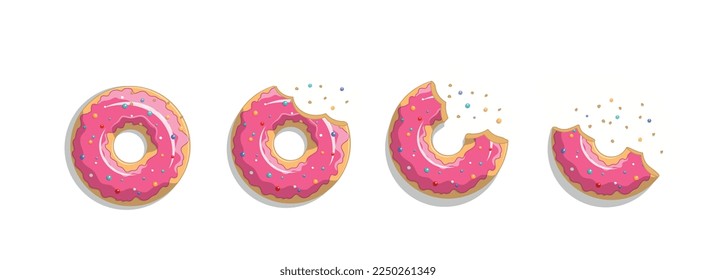 Pink donuts set. Collection of poster or banner for website. Cafe or restaurant menu. Stages of eating sweet product and dessert. Cartoon flat vector illustrations isolated on white background