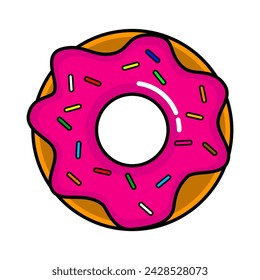 Pink donuts with sprinkles. Delicious food for breakfast. Vector illustration of a pink donut and creamy.