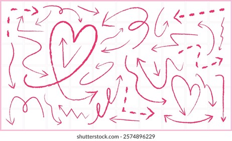 Pink doodle arrows and hearts on a white background. Arrows and hearts in various styles. Playful arrows and hearts create a whimsical design. Element vector set.