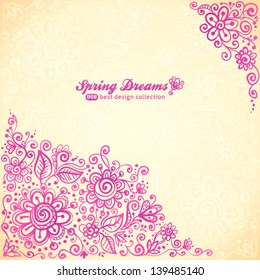 Pink doodle flowers vector greeting card background