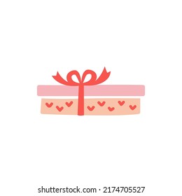 Pink doodle gift box icon, colorful silhouette with bow ribbon isolated on white background. Wrapping paper pattern, kids drawing sketch style. Birthday present package Merry Christmas drawing