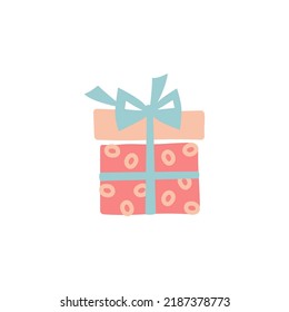 Icono de caja de regalo de doodle rosa, silueta colorida con cinta de arco aislada en fondo blanco. Patrón de papel envuelto, niños dibujando estilo de esbozo. Paquete de regalo de cumpleaños Dibujo navideño de Feliz