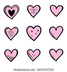 Pink doodle hearts, hand drawn love heart collection isolated on white background. Vector illustration for any design