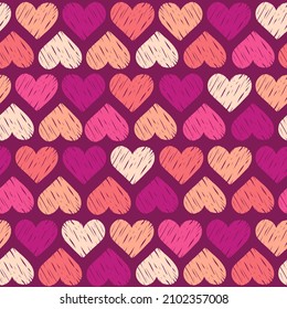 Pink doodle hearts, vintage vector seamless pattern, love, romantic, Valentines day theme, template for textile, wallpaper, wrapping paper.