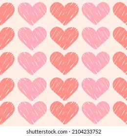 Pink doodle hearts, vintage vector seamless pattern, love, romantic, Valentines day theme, template for textile, wallpaper, wrapping paper.