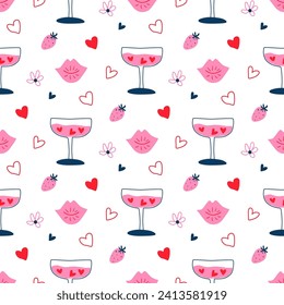 A los garabatos rosados les encanta el patrón sin fisuras para el día de San Valentín. Cóctel dibujado a mano, corazones, adorable fresa, labios, besos en un estilo mínimo. Papel de pared lindo vector, fondo de repetición de 14 de febrero, impresión dulce