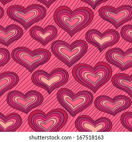 Pink doodle pattern with hearts. Seamless vector background.