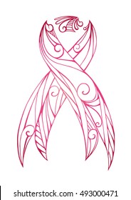 Pink doodle ribbon with Boho pattern. Fight against breast cancer. Vector element for your creativity