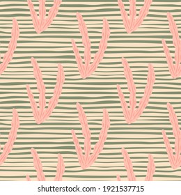 Pink doodle seaweed ornament seamless aquatic pattern. Grey striped background. Marine foliage design. Perfect for fabric design, textile print, wrapping, cover. Vector illustration.