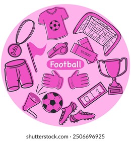 Pink Doodle set with football items. T-shirt, shorts, gate, boots, ball, flag, cup, whistle flat cartoon vector illustration isolated on white background. Soccer or football game players collection.