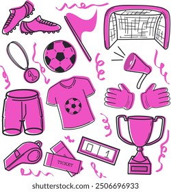 Pink Doodle set with football items. T-shirt, shorts, gate, boots, ball, flag, cup, whistle flat cartoon vector illustration isolated on white background. Soccer or football game players collection.