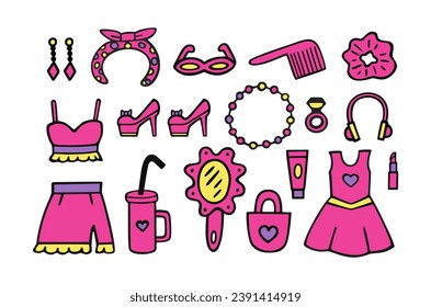 Pink doodle set. Pink trendy set, pink doll aesthetic accessories and clothing. Vector illustration. Yellow and violet accents.