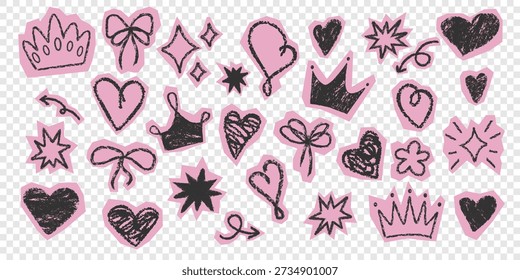 Pink doodle sticker set with crowns, hearts, bows, stars. Girly sketch icons stickers pack. Rough pencil texture. Great for scrapbook, social media, diary planner design