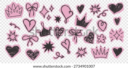 Pink doodle sticker set with crowns, hearts, bows, stars. Girly sketch icons stickers pack. Rough pencil texture. Great for scrapbook, social media, diary planner design