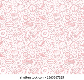 Pink Doodle Sweets seamless pattern. Candy, Pastry, Bakery outline monochrome print. Food background