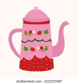 Pink Doodle Vector Kettle With Strawberry Decor. Isolated Hand Drawn Tea Pot Sticker