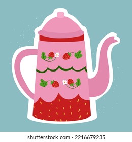 Pink Doodle Vector Kettle With Strawberry Decor. Isolated Hand Drawn Tea Pot Sticker