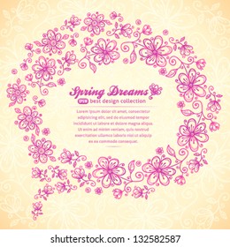 Pink doodle vintage flowers vector speech bubble