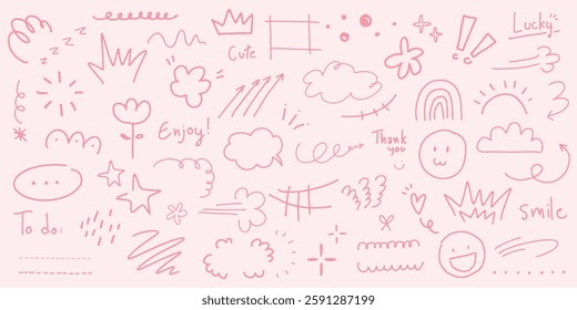 Pink doodles with clouds, stars, and smiley faces. Cute and playful, these doodles include words like 'Enjoy' and 'Lucky'. Perfect for fun, creative designs. Colorful doodle elements, vector set.