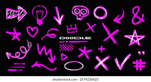 Pink doodles, squiggles, hand drawn, signs and symbols, teen doodles, teen girl grunge elements in pink color. Scribble collection drawn with marker, highlighter and chalk. Squiggles, sketches. Vector