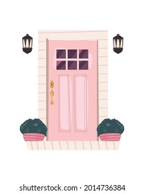 pink door with houseplants and lanterns