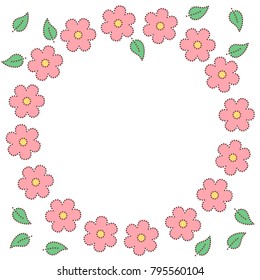 Pink doted sakura flowers and leaves circle frame, vector
